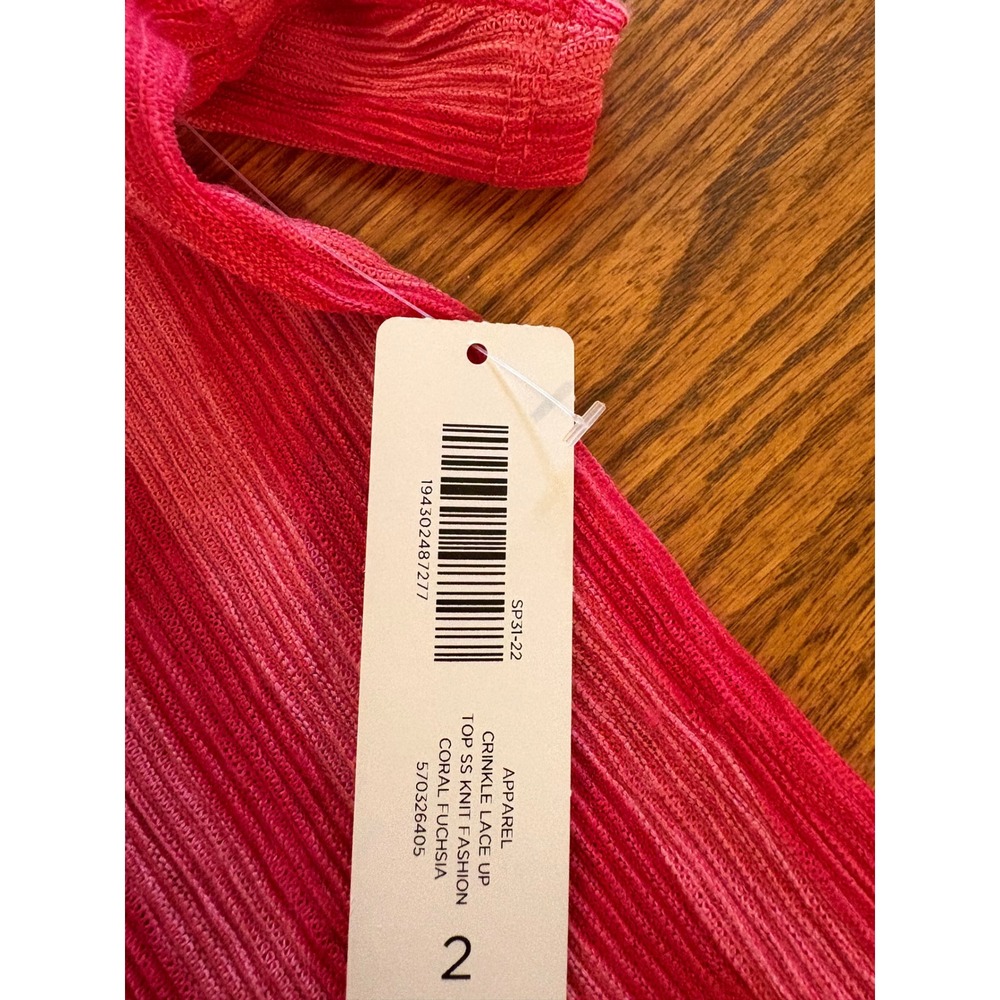 Chicos Crinkle Lace Up Top SS Knit Fashion Coral Fuchsia Stripe Size 2 Large NWT - Picture 5 of 13